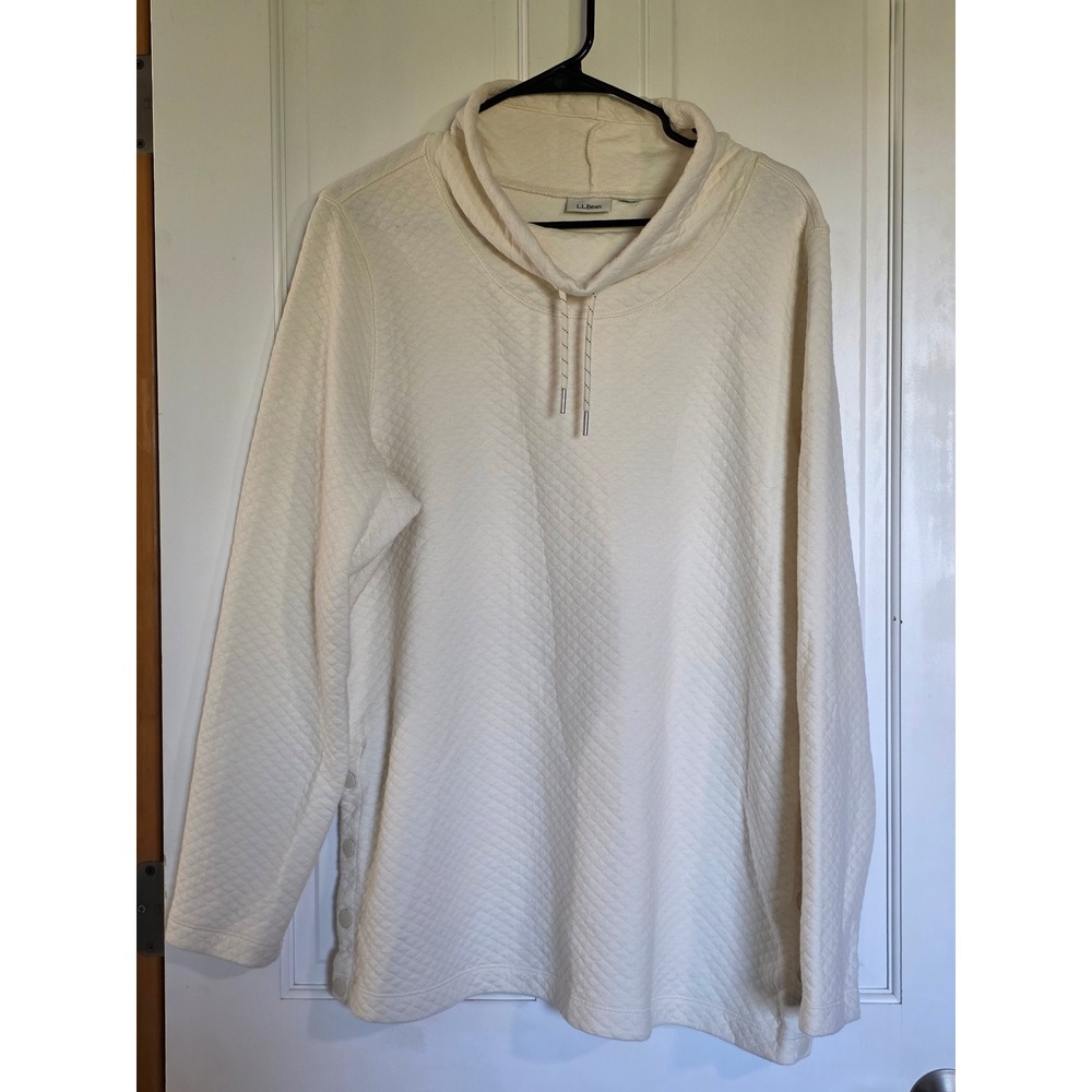 L.L. Bean Quilted Funnel Neck Pullover Sweatshirt Cream Ivory Side Button 513186